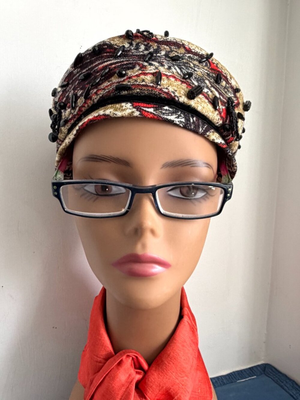 Vintage 60s Patrice Paisley Mod Cadet Pillbox Flat Top Hat Crystal Beads 22" M